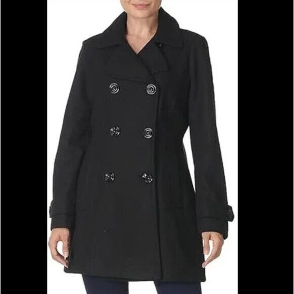 Anne Klein Womens Double Breasted Mid Length Wool Blend Peacoat Size Small Black